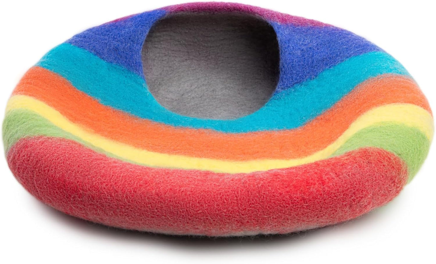 Woolygon Premium Felt Cat Cave Bed ā Wool Kitty Beds Handcrafted Kitten Caves Bed for Indoor Cats - Made from 100% Eco-Friendly Merino Wool, Foldable Cat Hidewawy Covered Cat House Pod (Rainbow Twist) - Pet Explorer