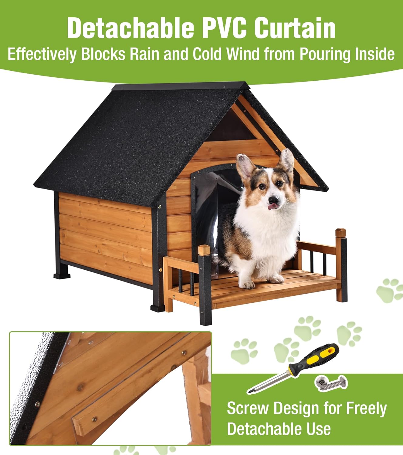 GUTINNEEN Insulated Dog House Outdoor, Waterproof Dog Kennel with Anti-Bite Design, Asphalt Roof, Elevated Base, PVC Curtain, for Small to Medium Dogs - Brown - Pet Explorer