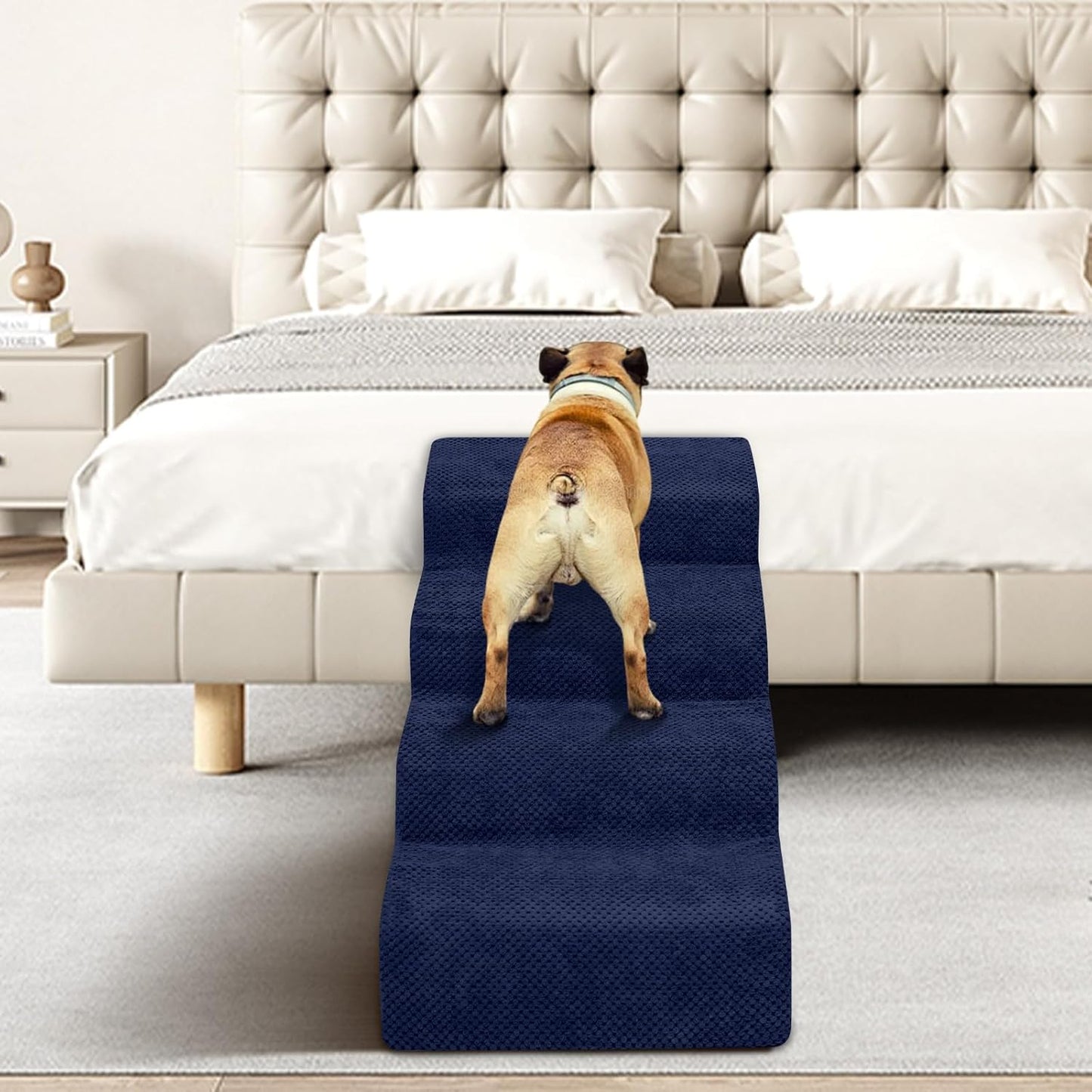 Dog Stairs for Small Dogs - High Density Foam Pet Steps, Extra Wide Dog Ramp with Non-Slip Bottom for High Beds, Couch and Sofa, Best for Dogs Injured, Older Doggy Cats, 4 Steps, Navy - Pet Explorer