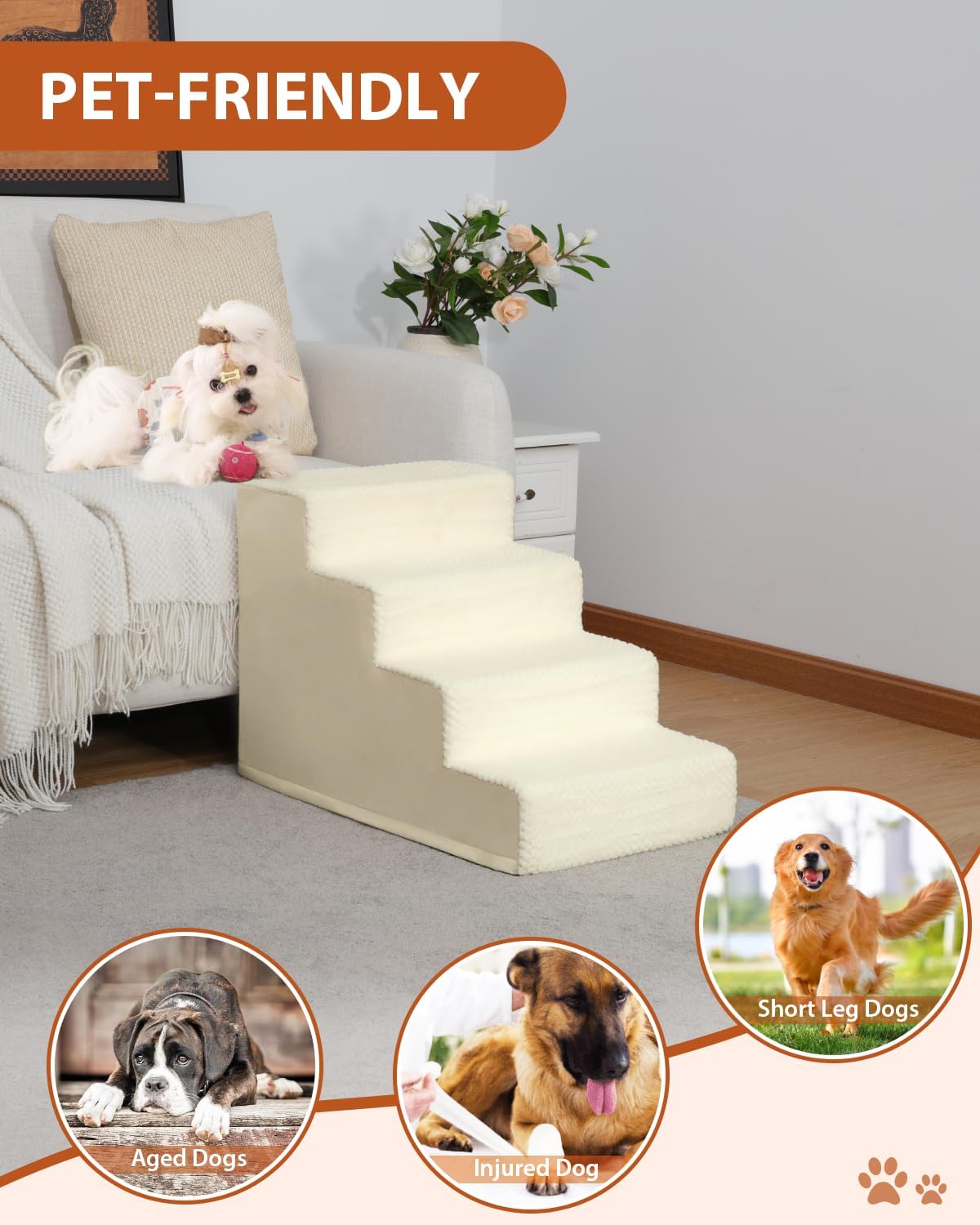 Dog Stairs for Small Dogs,22" H,5-Step Dog Steps for High Bed Couch and Sofa,Pet Stairs for Dogs and Cats Climbing with Non-Slip Bottom and Washable Cover,Beige - Pet Explorer