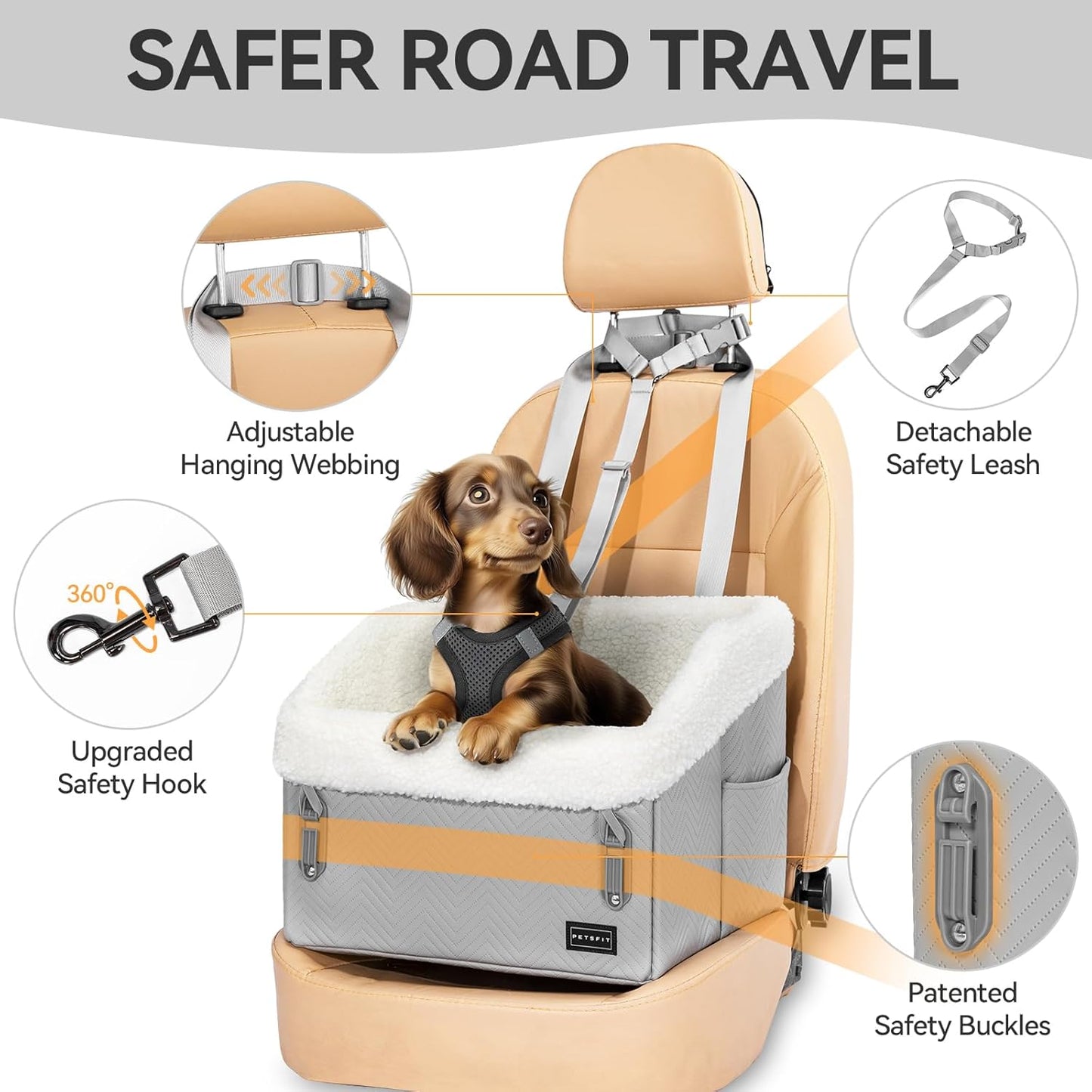 PETSFIT Small Dog Car Seat, Waterproof PU Leather Dog Booster Car Seat with Patented Safe Buckles, Pet Carseat for Medium or Small Sized Pets up to 30 lbs (Grey) - Pet Explorer