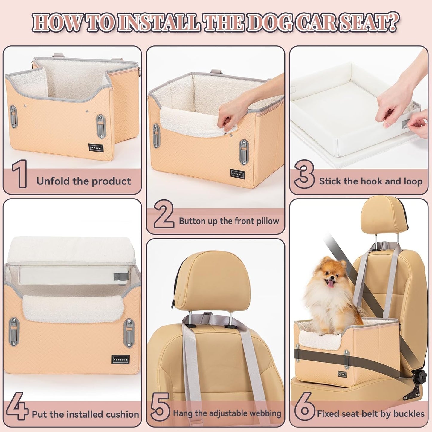 PETSFIT Cat Car Seat, Waterproof PU Leather Dog Booster Car Seat with Patent Safe Buckles, Clip-On Leash, Pet Travel Carrier Bed for Small Pets Up to 25lbs (Orange) - Pet Explorer