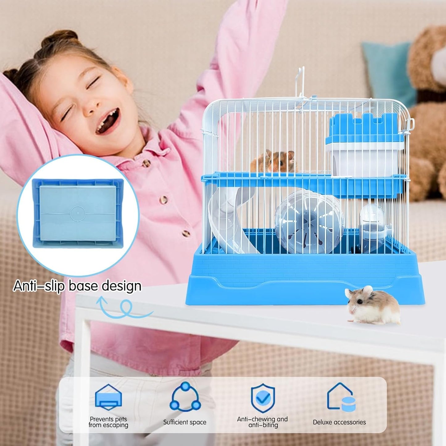 PINVNBY 2-Tier Dwarf Hamster Cage, Travel Portable Mouse Cage Gerbil Cages and Habitats Small Animal Carrier with Castle House Running Exercise Wheels, Water Bottle and Food Dish(Gray) - Pet Explorer