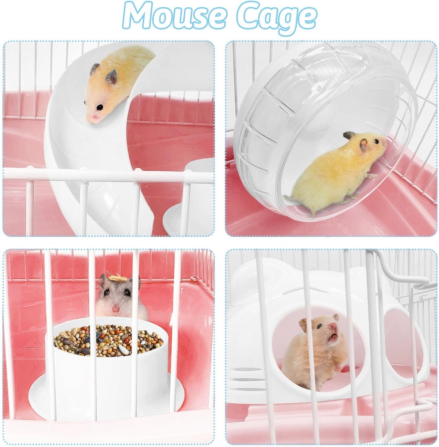 PINVNBY Dwarf Hamster Cage, Small Animal Cages, 2-Tier Travel Portable Mouse Cage Hamster Carrier with Castle House Running Exercise Wheels, Water Bottle and Food Dis(Pink) - Pet Explorer