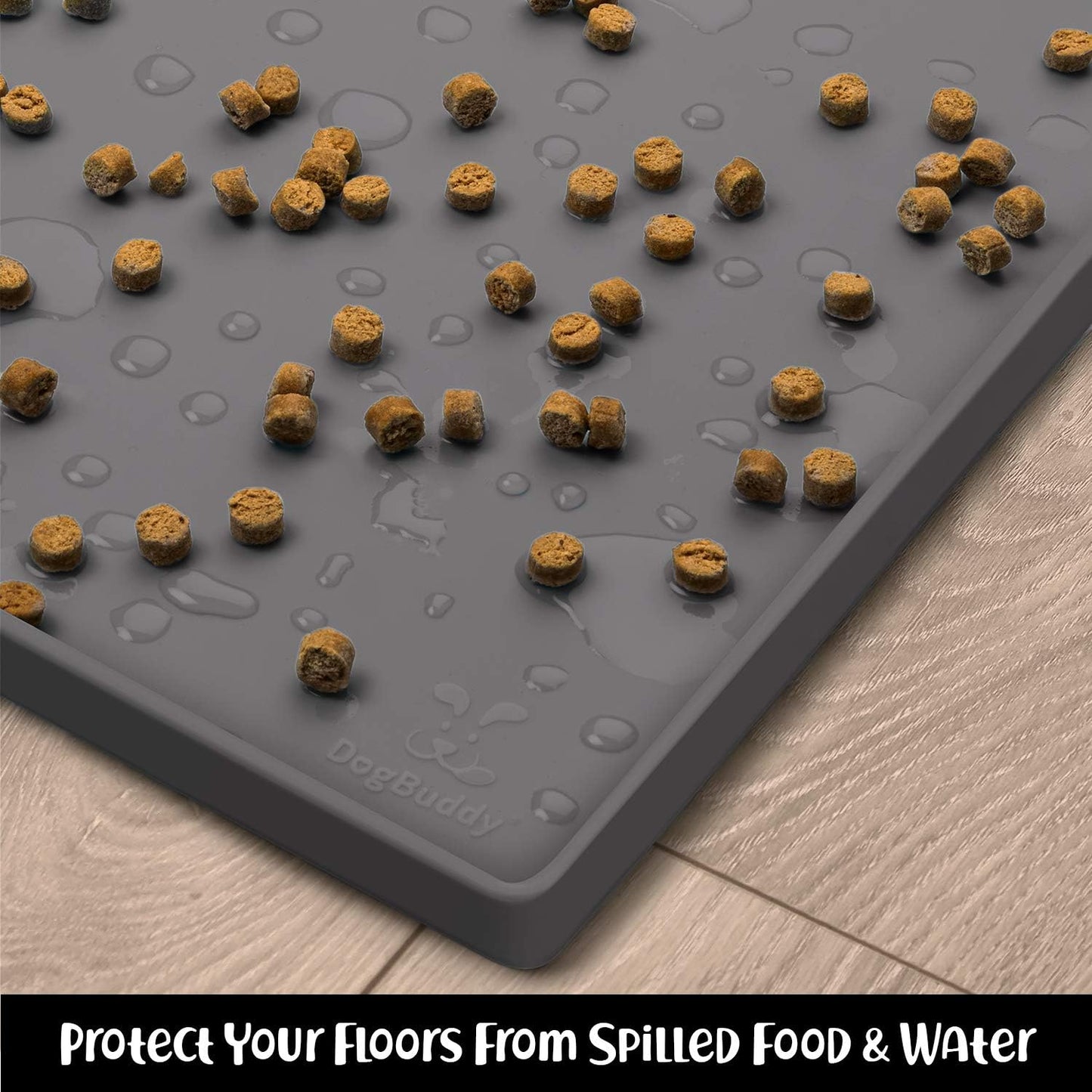 DogBuddy Dog Food Mat – Waterproof Dog Bowl Mat for Food and Water, Silicone Pet Feeding Mats For Floors, Non-Slip Placemat with High Edges For Dogs Bowls, Puppy Essentials (XS: 11" x 11", Shadow - Pet Explorer
