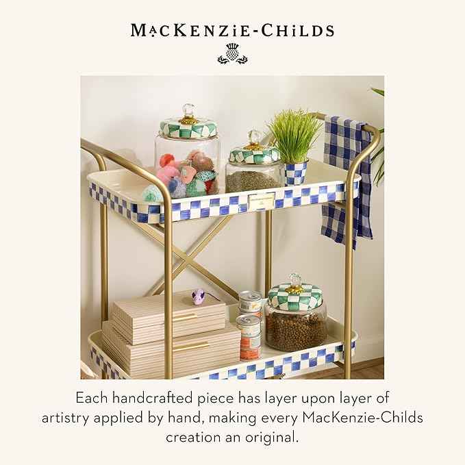 MACKENZIE-CHILDS Enamel Cat Dish, Cute Cat Bowl for Food and Water, Green-and-White Emerald Check
