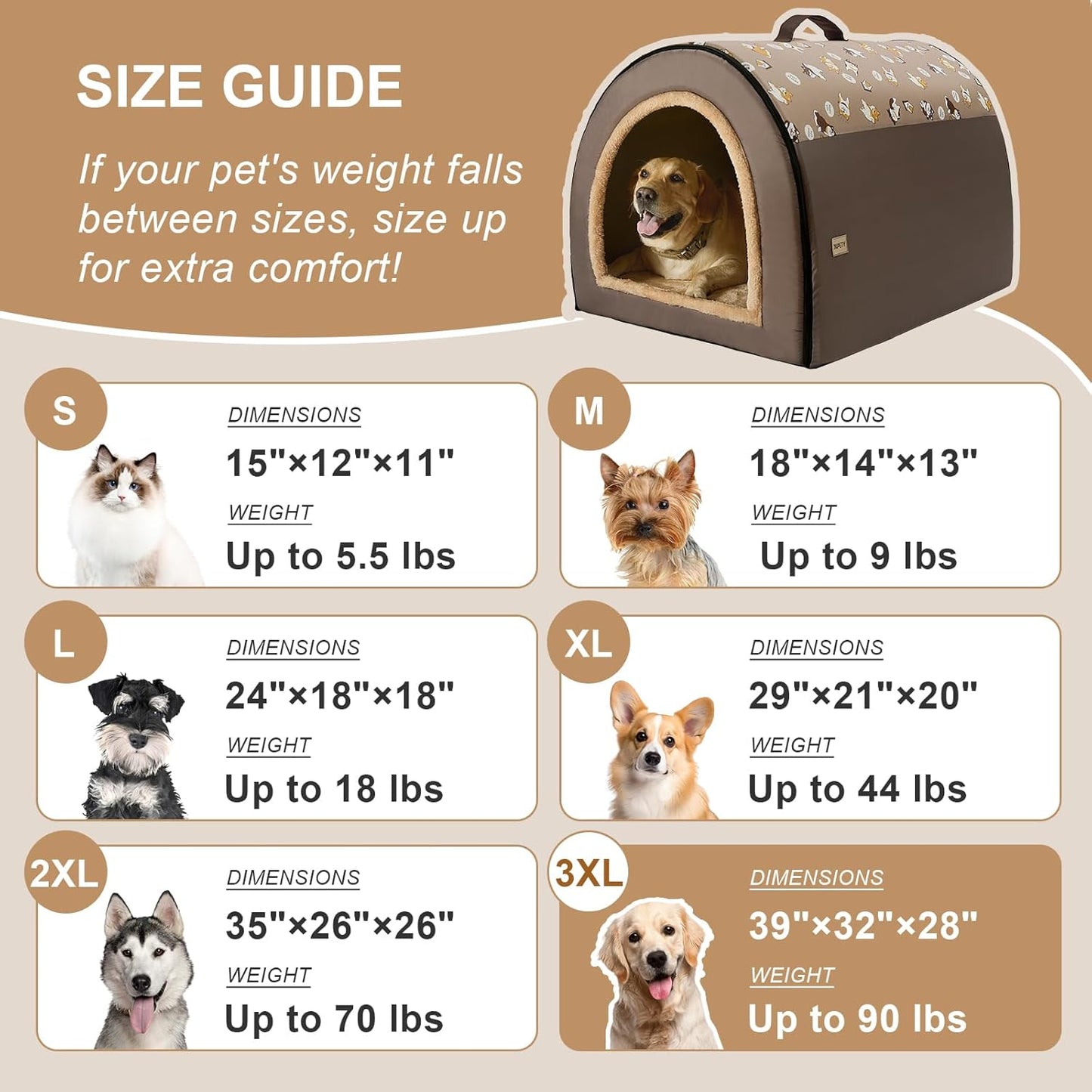 Jiupety 2 in 1 Dog House Indoor, Comfy Cave Bed Covered Dog Bed, Portable House for Large Dogs, 3XL(39"×32"×28"), Up to 90 Lb, Brown - Pet Explorer