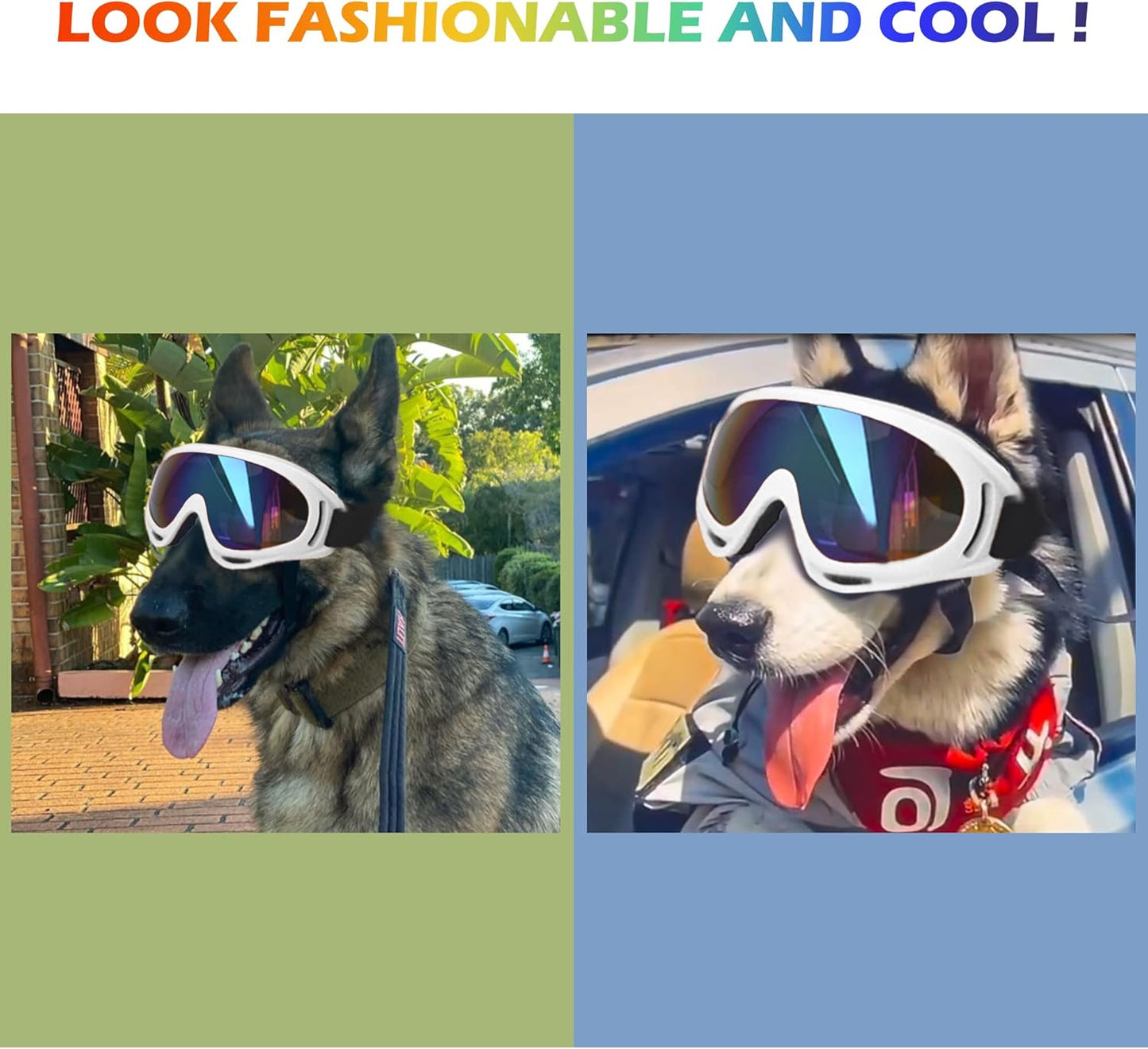 Large Dog Sunglasses With Adjustable Strap UV Protection, Windproof Puppy Eyewear, Suitable for Medium-Large Pets, Eyes Protection, Soft Goggles (White Frame) - Pet Explorer
