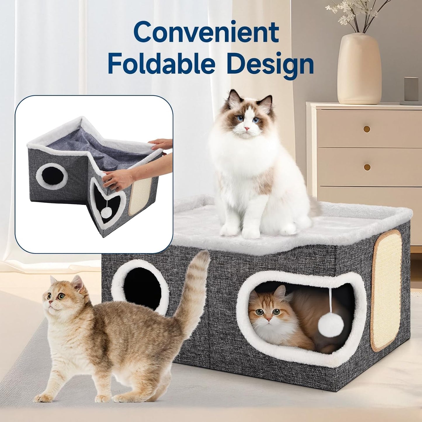 Cat Beds for Indoor Cats, Extra Wide Cat Cube House for Multi Cats, Foldable Cat Cave Hideaway with Arc-Edge Design & Oval Door, Double-Side Soft Cushion for All Seasons, 24"L x 17.7"D x 12.6"H, Grey - Pet Explorer