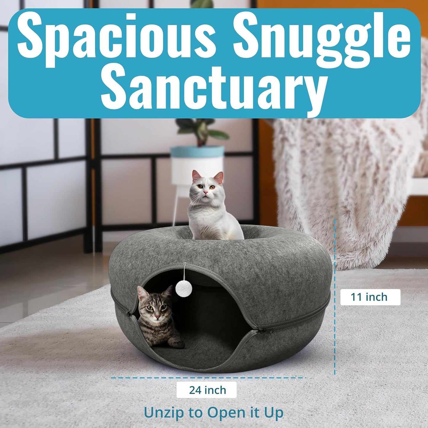 Okoco Cat Tunnel Bed for Indoor Cats Large, 24" Peekaboo Cat Cave Donut Bed for Pets up to 45lbs, 2-in-1 Round Tube with Hanging Ball Toy & Removable Machine Washable Parts (Dark Gray) - Pet Explorer
