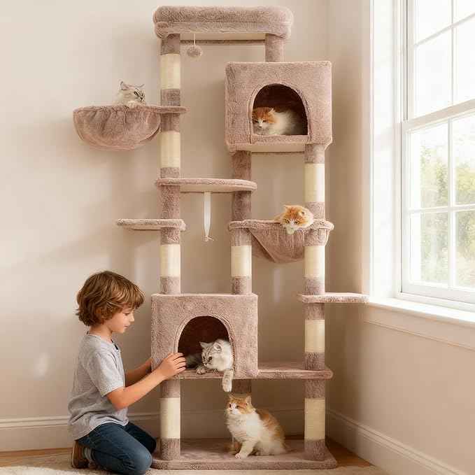 Heybly Cat Tree, 76-Inch Tall Heavy Duty Cat Tower for Big Cats with Extra Wide Baseboard, Multi-Level Large Cat Furniture with 2 Condos & 2 Hammocks, 10 Scratching Posts, Muchroom HCT039MU