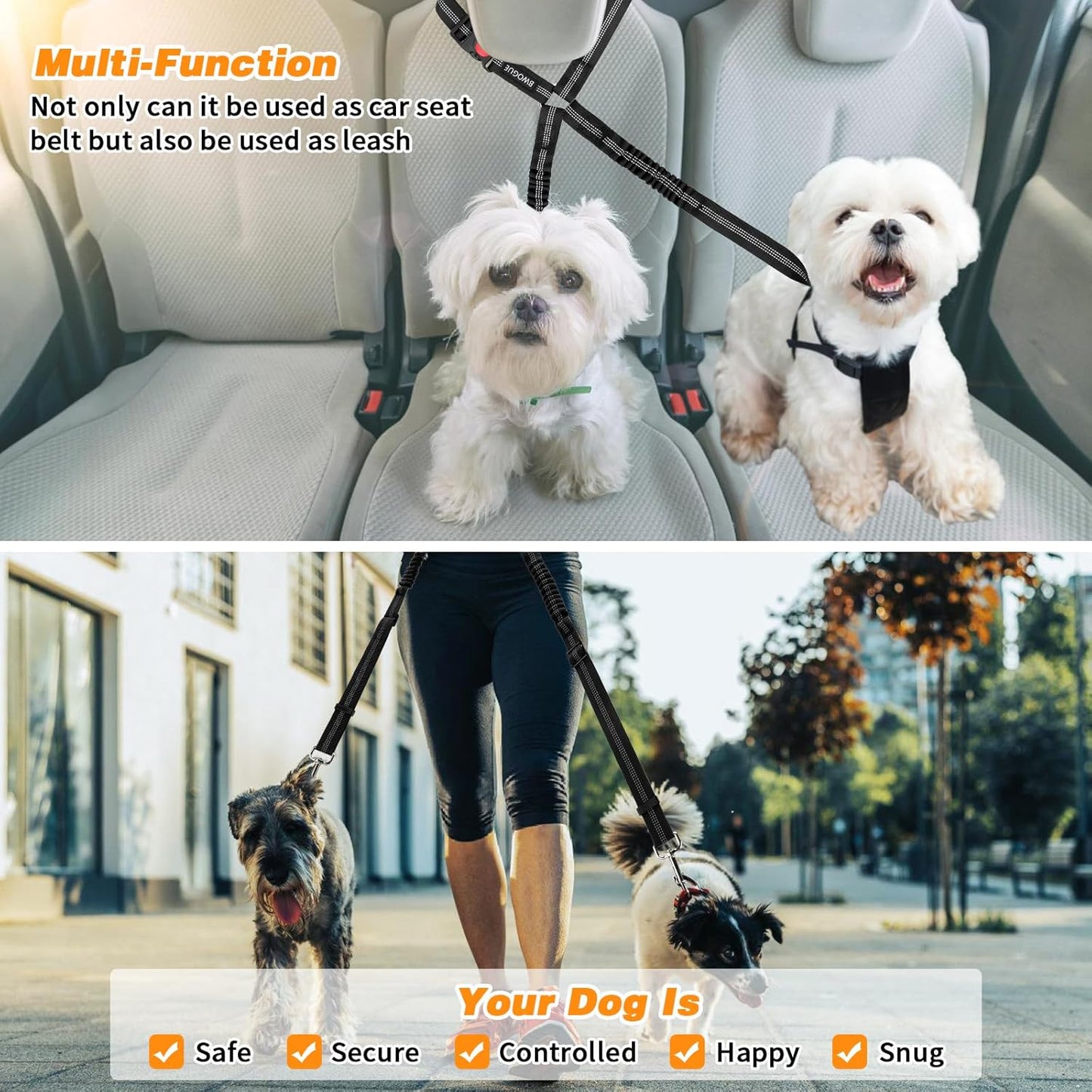 BWOGUE Double Dog Cat Seat Belts, Car Headrest Restraint Adjustable Travel Leash,Safety Elastic Leads Splitter Connect Vehicle Seatbelt Harness for 2 Dogs - Pet Explorer