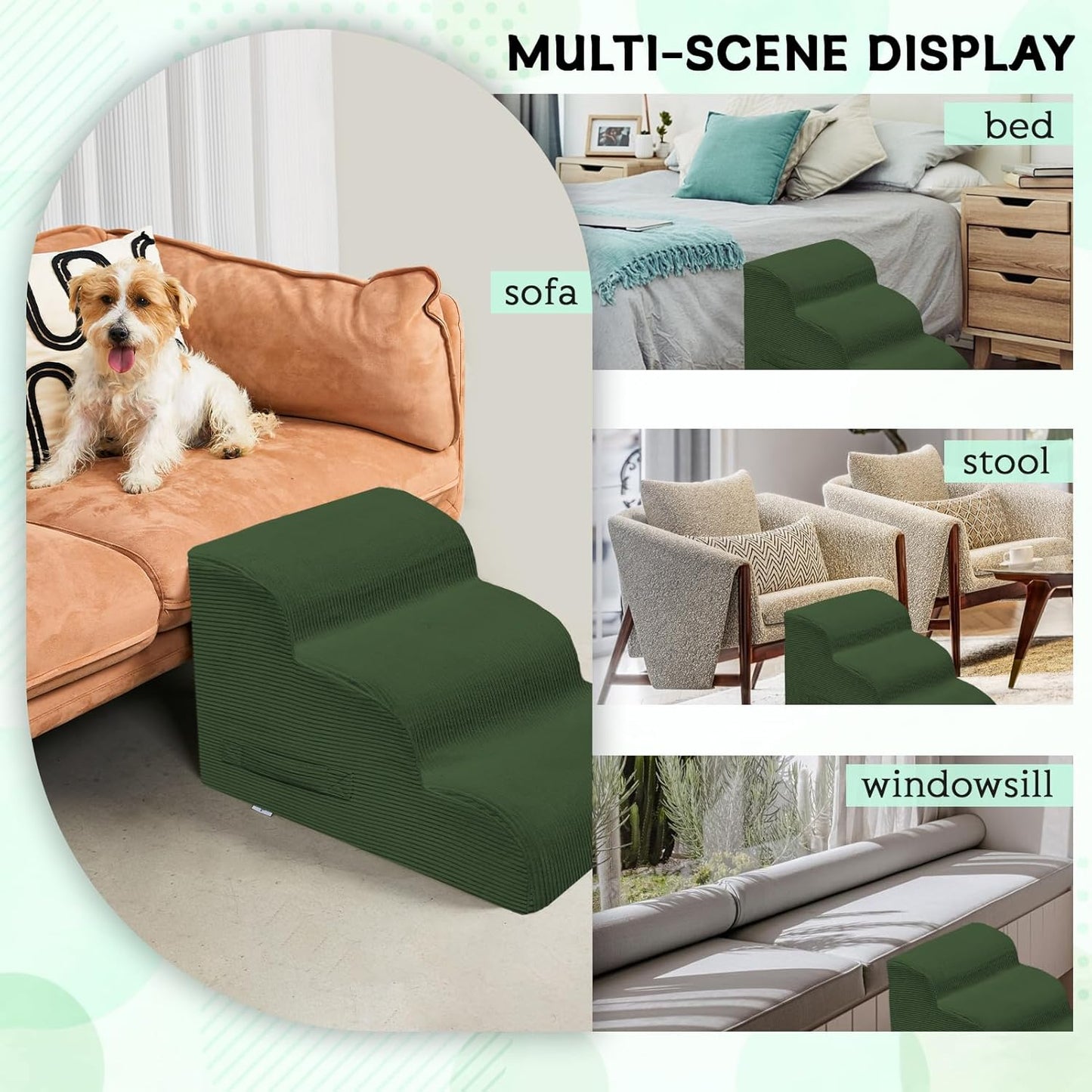 Dog Steps for Small Dogs, 3-Step Pet Ramp Stairs for High Beds and Sofa, Non-Slip Pet Stairs for Small Dogs and Cats, Removable and Easy to Clean Cover, Green - Pet Explorer