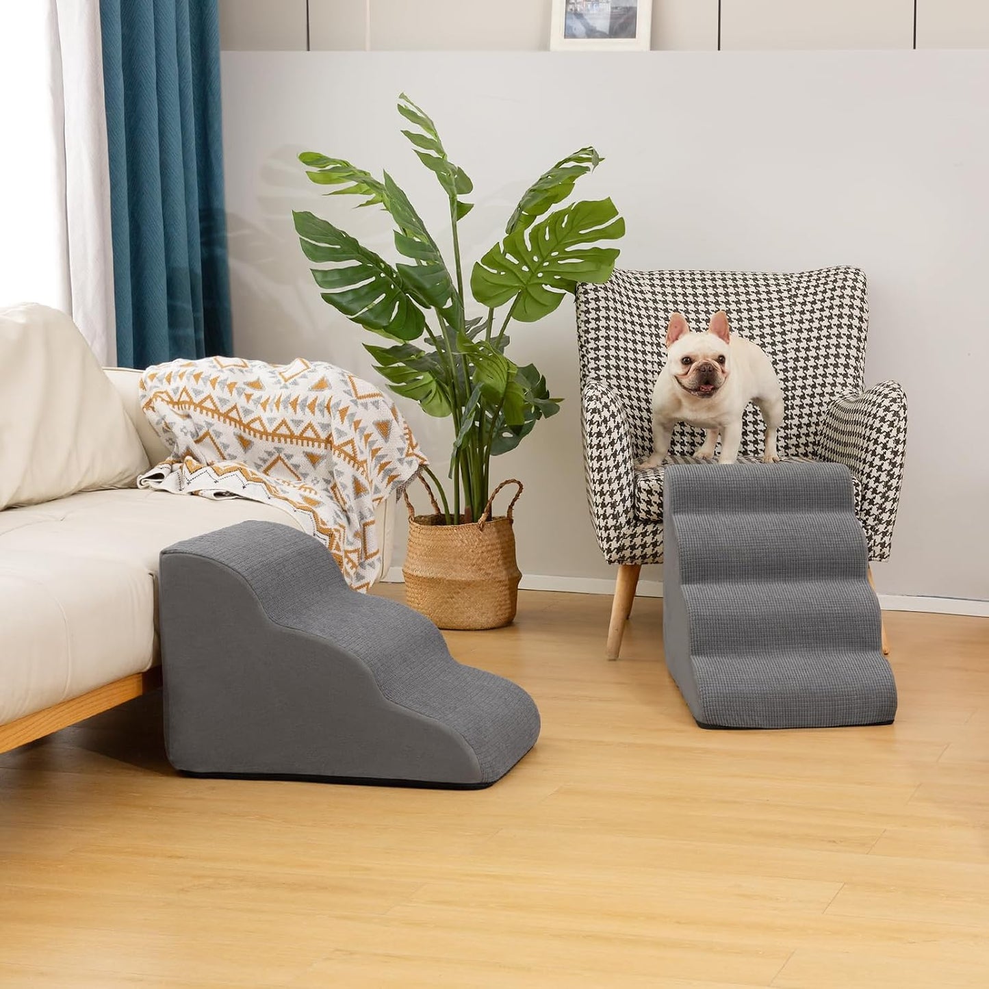 4-Step Dog Stairs and Ramp for Beds or Couches – Non-Slip Sturdy Pet Steps for Small Dogs and Cats,17.4" H,Grey - Pet Explorer