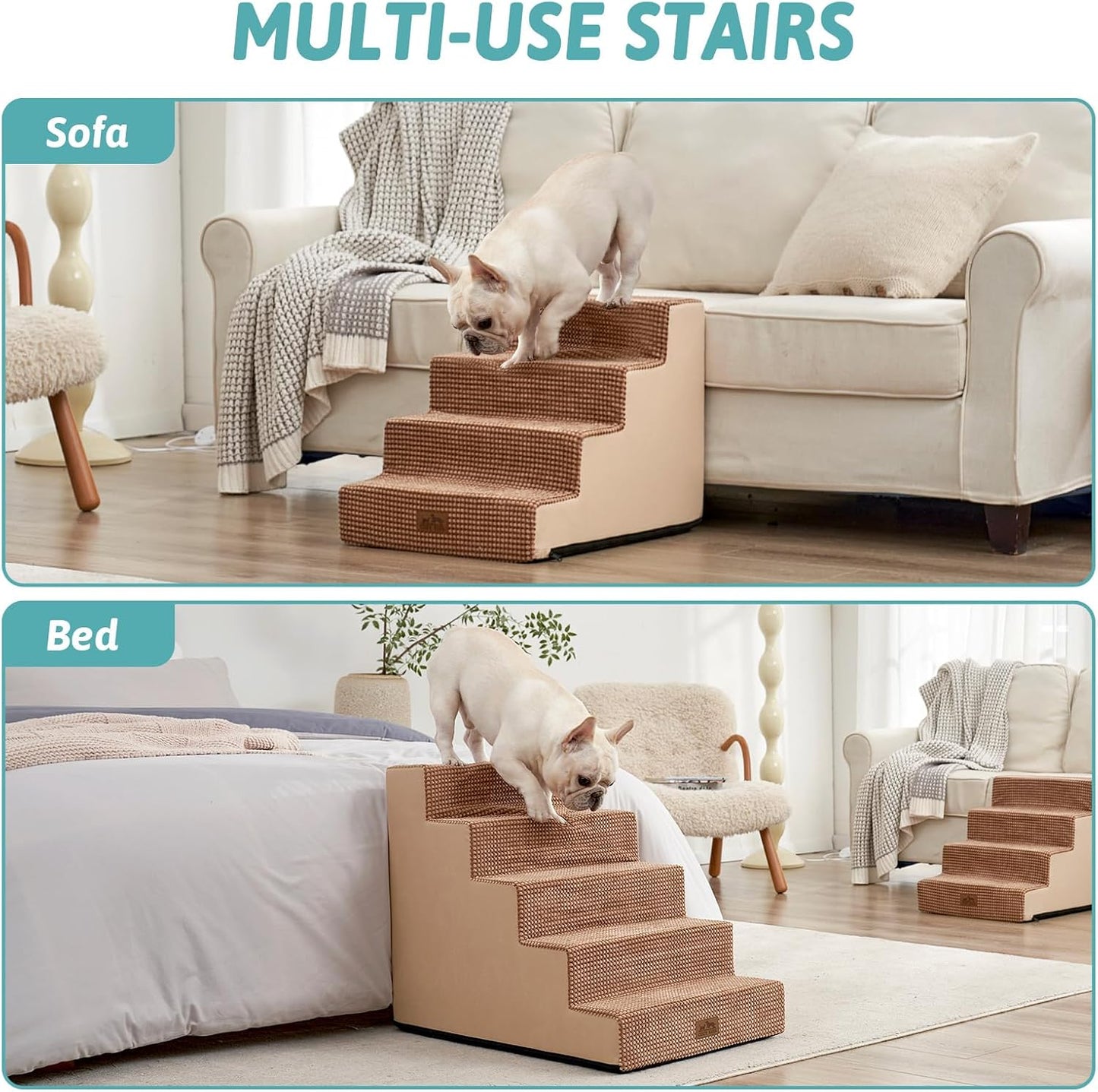 Dog Stairs for Small Dogs, 5 Tier Wider Pet Stairs for High Beds, 23.6" H Non-Slip Dog Steps for Old Cats, Puppies, Small Medium Dogs, 29.5x19.7x23.6 inch, Light Brown - Pet Explorer