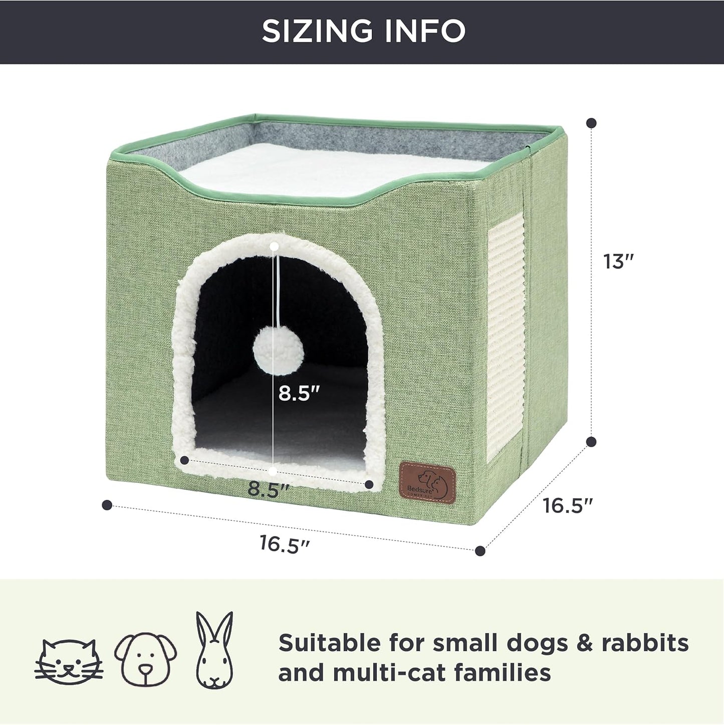 Bedsure Cat Beds for Indoor Cats - Large Cat Cave for Pet Cat House with Fluffy Ball Hanging and Scratch Pad, Foldable Cat Hideaway, 16.5x16.5x13 inches, Green - Pet Explorer