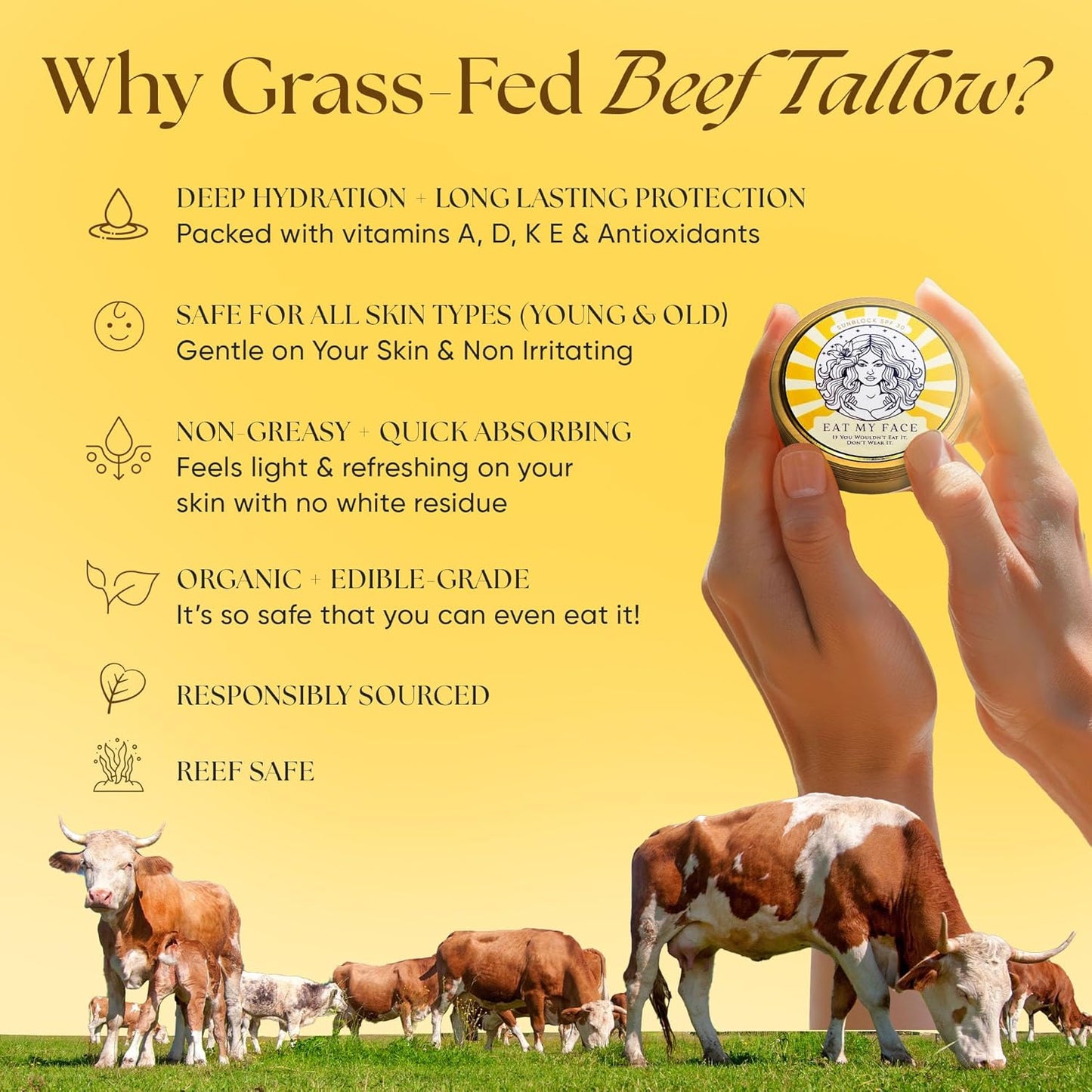 Beef Tallow Sunscreen Organic with Non Nano Zinc Oxide Formula for Daily Protection, 4oz Reef Safe Sunblock, SPF 30 All Natural Chemical Free Sunscreen, Made in USA, Natural Organic Sunblock for Skin