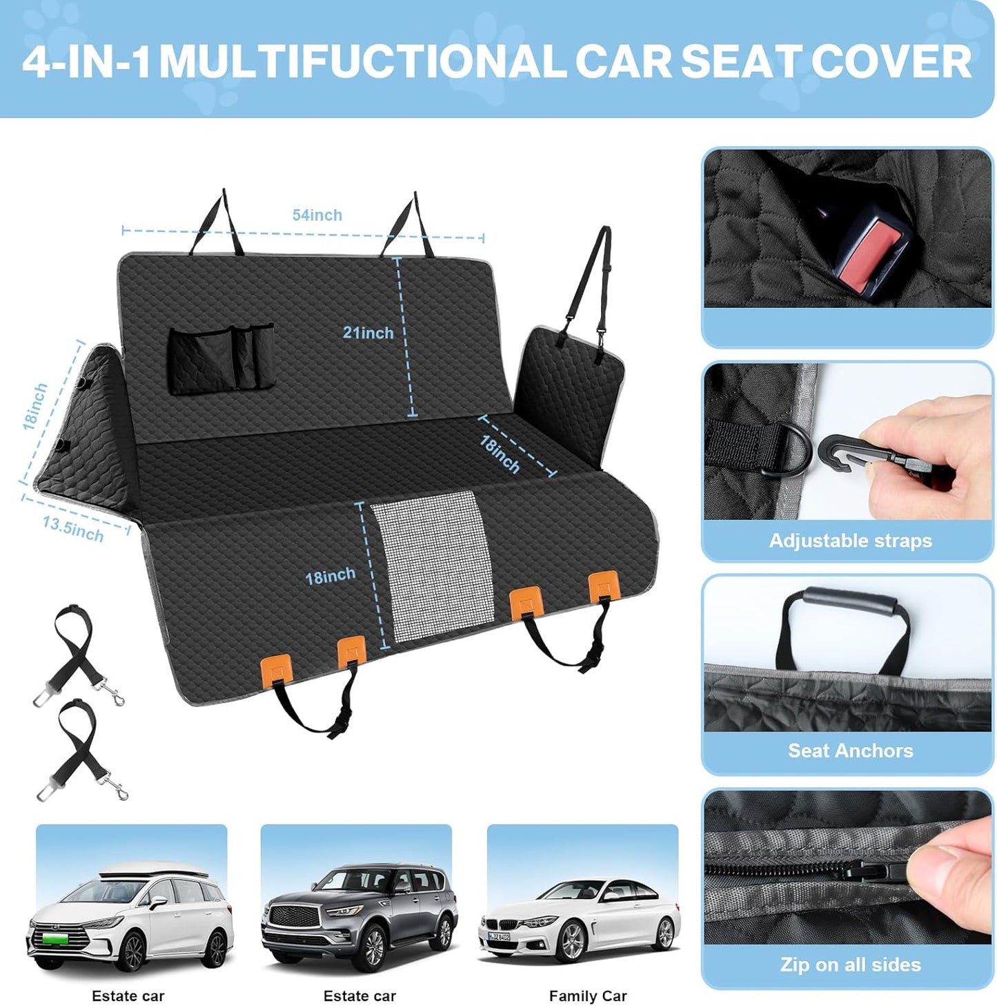Dog Car Seat Cover for Back Seat, Waterproof Protector with Side Flaps, Scratchproof Hammock, Non-Slip Bottom for Cars/Trucks/SUVs (Black+Grey) - Pet Explorer