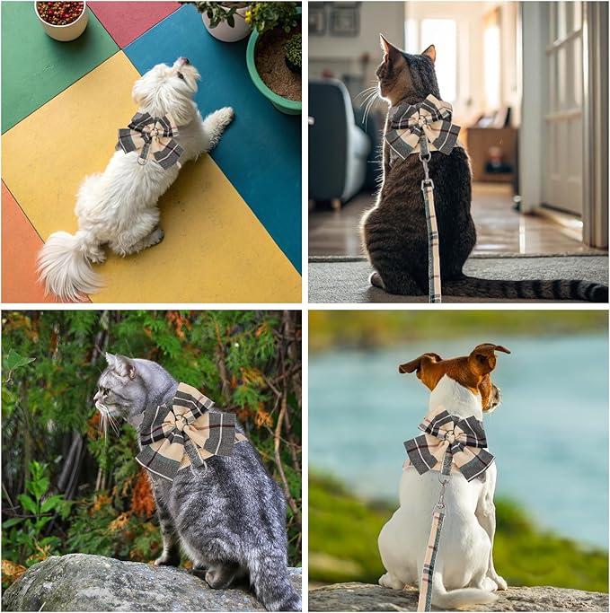 PAWCHIE Cat Harness and Leash Set Escape Proof with Bow Knot, Adjustable Kitten Vest Harness for Outdoor Indoor Use,Lightweight Soft Walking Travel Pet Harness for Medium Cats Boys Girls Puppy,Beige