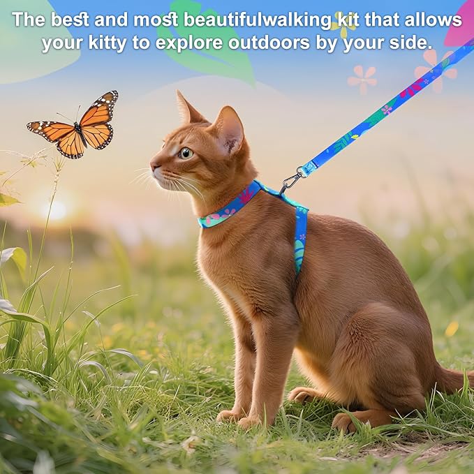 Cat Harness and Leash Set with Matching Collar – Escape Proof Harness for Cats, Adjustable & Lightweight, Tropical Hawaiian Leaf Print, Easy Wear for Outdoor Walking & Training