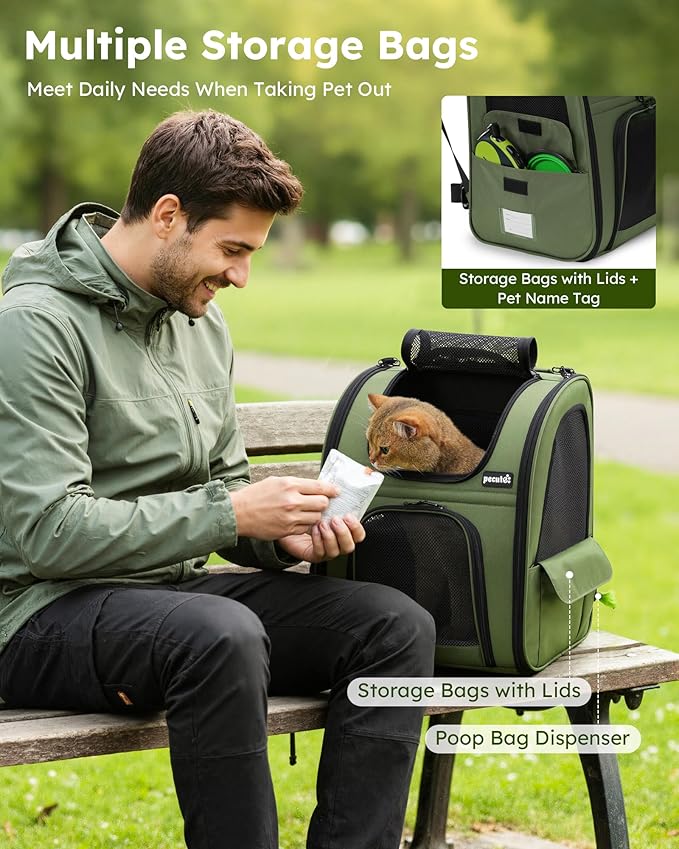 Pecute Expandable Cat Backpack Carrier, Backpack for Cats & Small Dogs Up to 11lbs, with 4-Side Breathable Mesh, Multi-Entry & Lockable Zippers for Travel, Hiking, Camping - Hands Free, Green