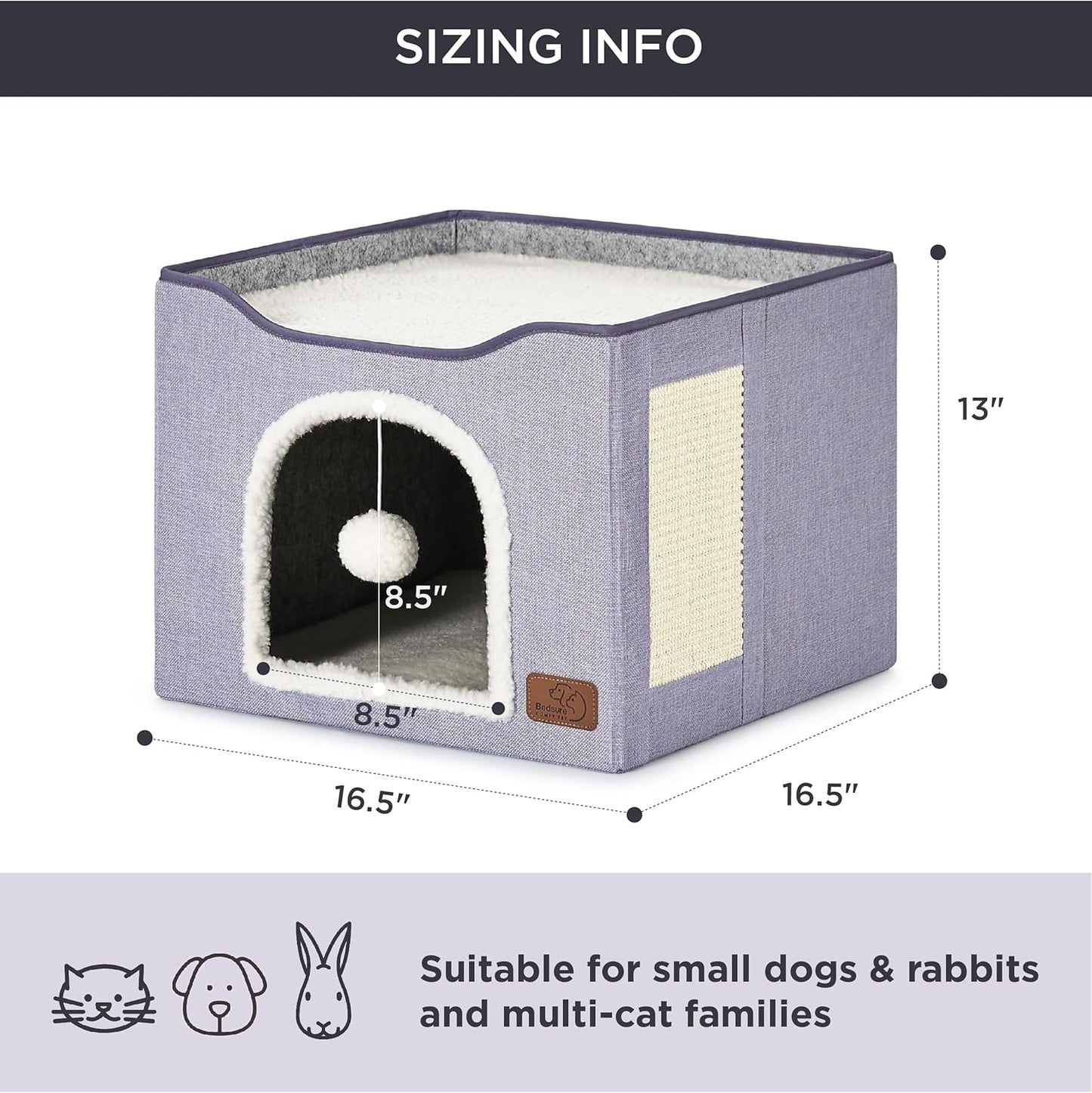 Bedsure Cat Beds for Indoor Cats - Large Cat Cave for Pet Cat House with Fluffy Ball Hanging and Scratch Pad, Foldable Cat Hideaway, 16.5x16.5x13 inches, Cloud Purple - Pet Explorer