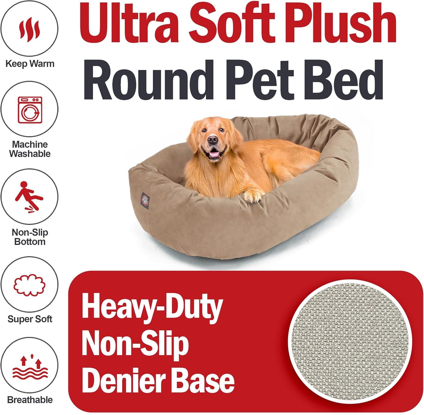 Majestic Pet 40 Inch Suede Shredded Memory Foam Mix Calming Large Dog Bed Washable 40 x 29 x 9 (Inch) - Cozy Soft Round Donut Dog Bed with Spine for Head Support - Pet Bed Stone - Pet Explorer