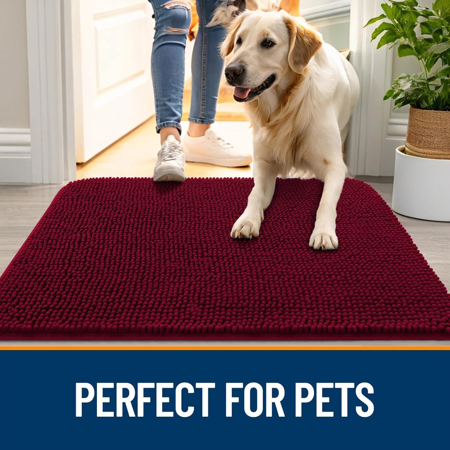 OLANLY Dog Door Mat for Muddy Paws 54x24, Absorbs Moisture and Dirt, Absorbent Non-Slip Washable Doormat, Quick Dry Chenille Mud Mat for Dogs, Entry Indoor Entryway Carpet for Inside Floor, Burgundy