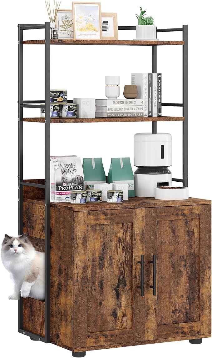 Cat Litter Box Enclosure, Hidden Litter Box Furniture with 3 Storage Shelves and Doors, Rustic Indoor Cat Cabinet, Multi-Functional Storage for Food, Cats Toilet Furniture