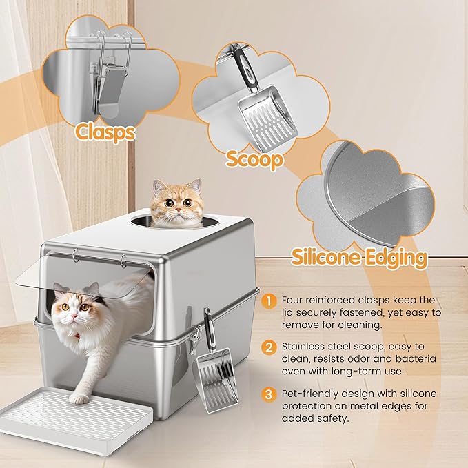 Stainless Steel Litter Box with Metal Lid and Scoop - Enclosed Metal Litter Box for Large Cats, Rust-Resistant, Odor-Control, Easy to Clean, Dog-Proof with Round Edge (Front Entry)