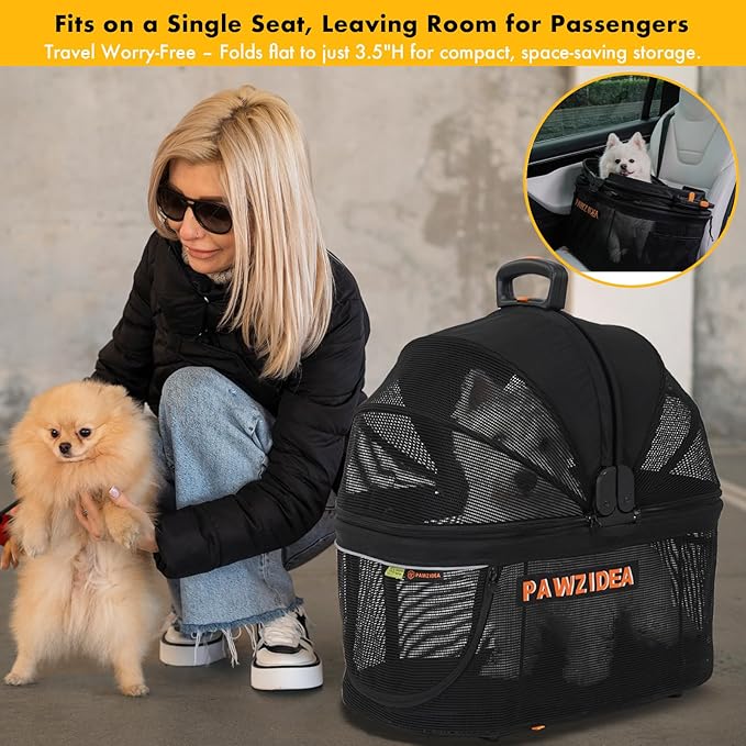 PAWZIDEA Portable Small Dog Crate for Car Travel, Enclosed Pet Car Seat for Small/Medium Dogs Cats up 33lb, Reversible No-Zip Canopy, Soft-Sided Pet Carrier Basket, Collapsible Dog Kennel, Metal Frame