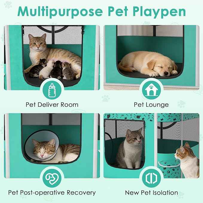 Cat Playpen - Portable Dog Playpen with Litter Box, Foldable Soft Dog Crate for Indoor/Outdoor, Pop Up Cat Enclosure, Collapsible Puppy Kitten Rabbit Cage Tent,3-Room