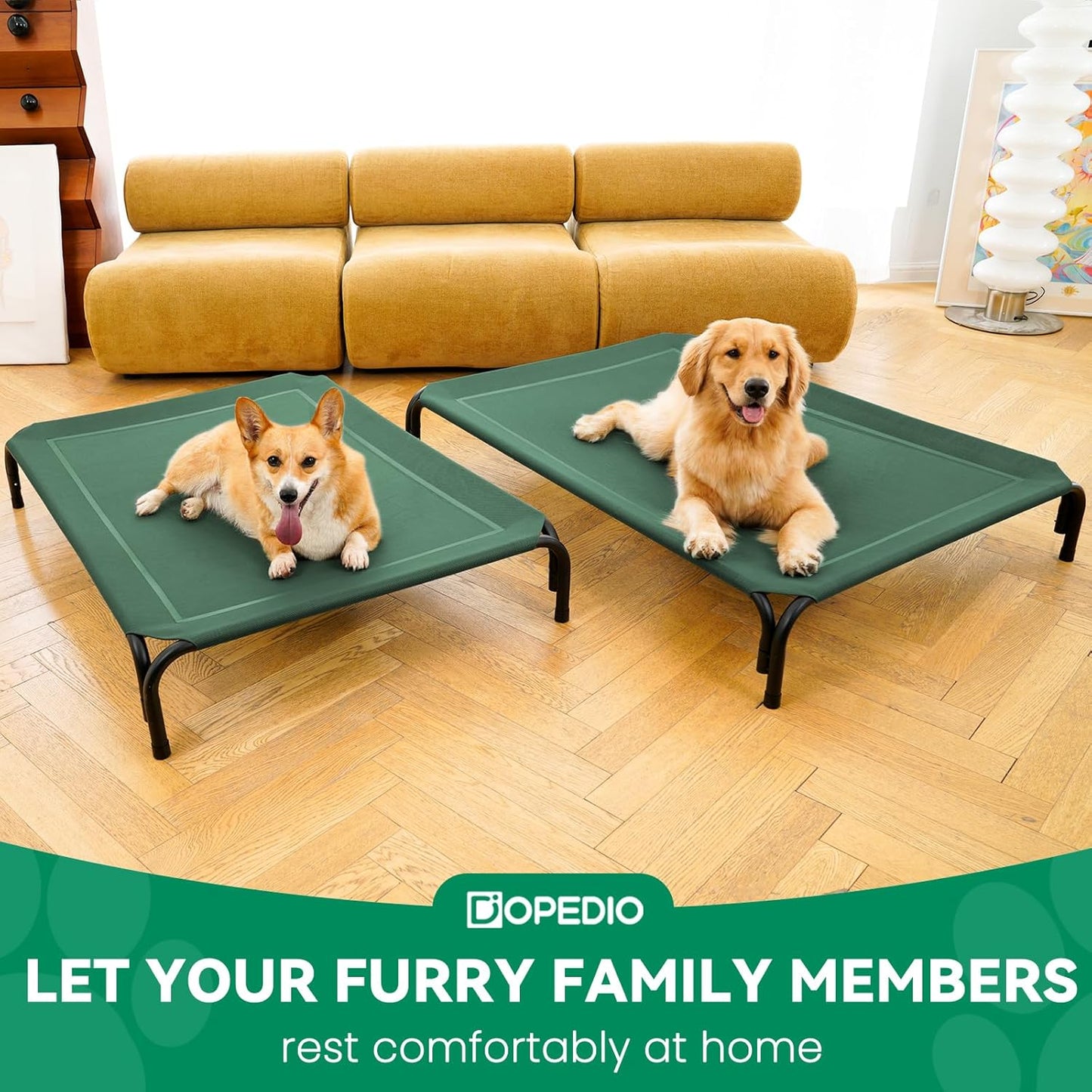 Elevated Dog Bed Raised Outdoor Dog Cot for Medium Dogs, Installation Requires No Tools, Frame with Washable Cooling Breathable Mesh Anti-Slip Feet, Indoor Pet Bed, Green, 35.4 Inches - Pet Explorer