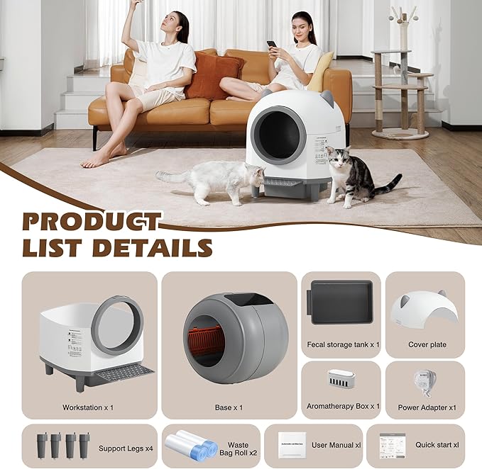 Grepatio Automatic Cat Litter Box for Multiple Cat, Self Cleaning Cat Litter Box with APP Control, Safe Anti-Pinch, Weight Monitoring, Smart Litter Box Include Scent Cartridge, 2-Roll Garbage Bags