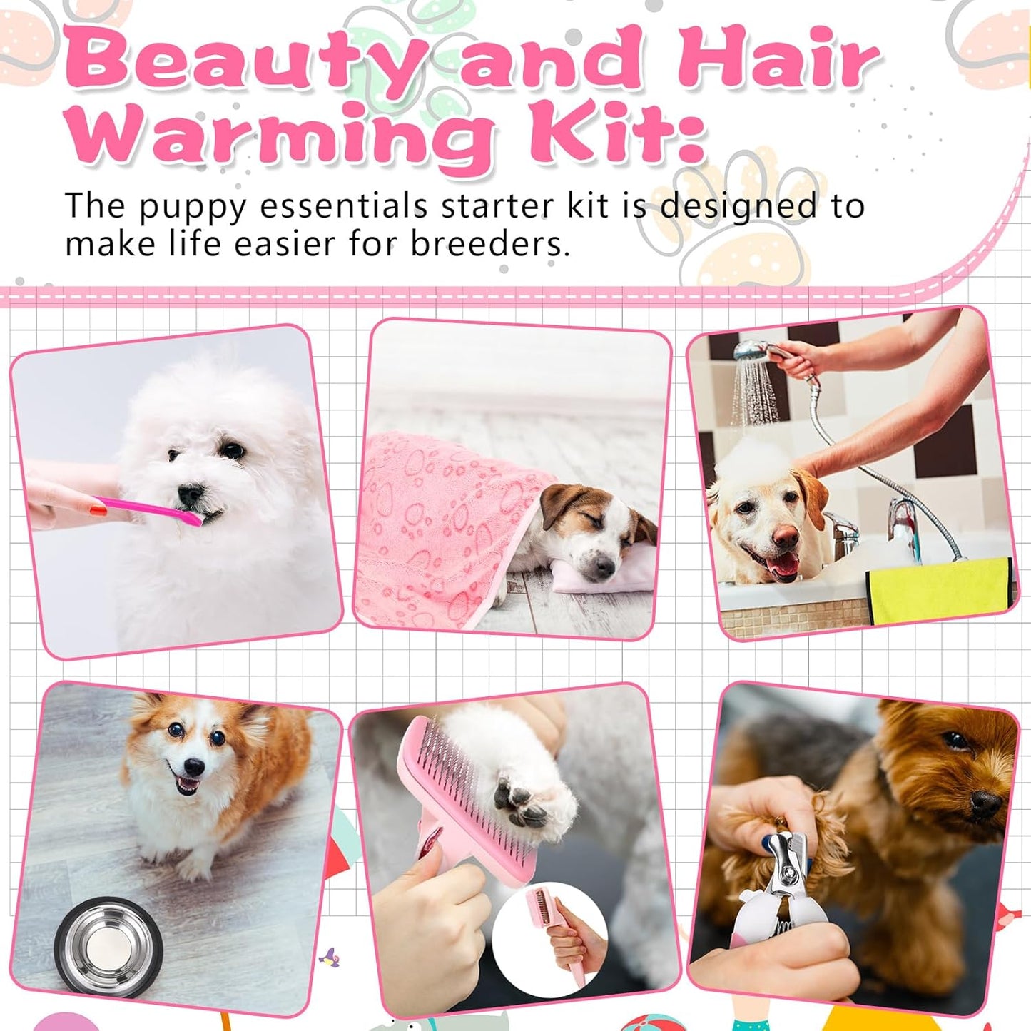 65 Pcs Puppy Supplies Starter Kit Small Dog Essentials Includes Dog Leash, Toys, Bowl, Brushes, Water Bottles, pet Blankets Puppy Accessories for New Welcome Gift Supplies(Cute,Pink) - Pet Explorer
