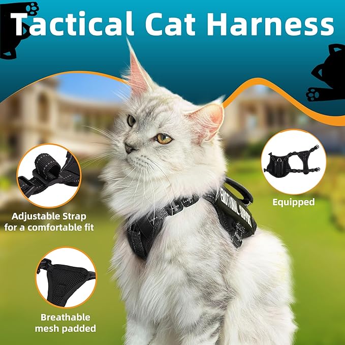 Tactical Cat Harness Black for Walking Esacpe Proof,Adjustable Soft Mesh Large Cat Vest with Rubber Handle Easy to Control,Molle Patches L