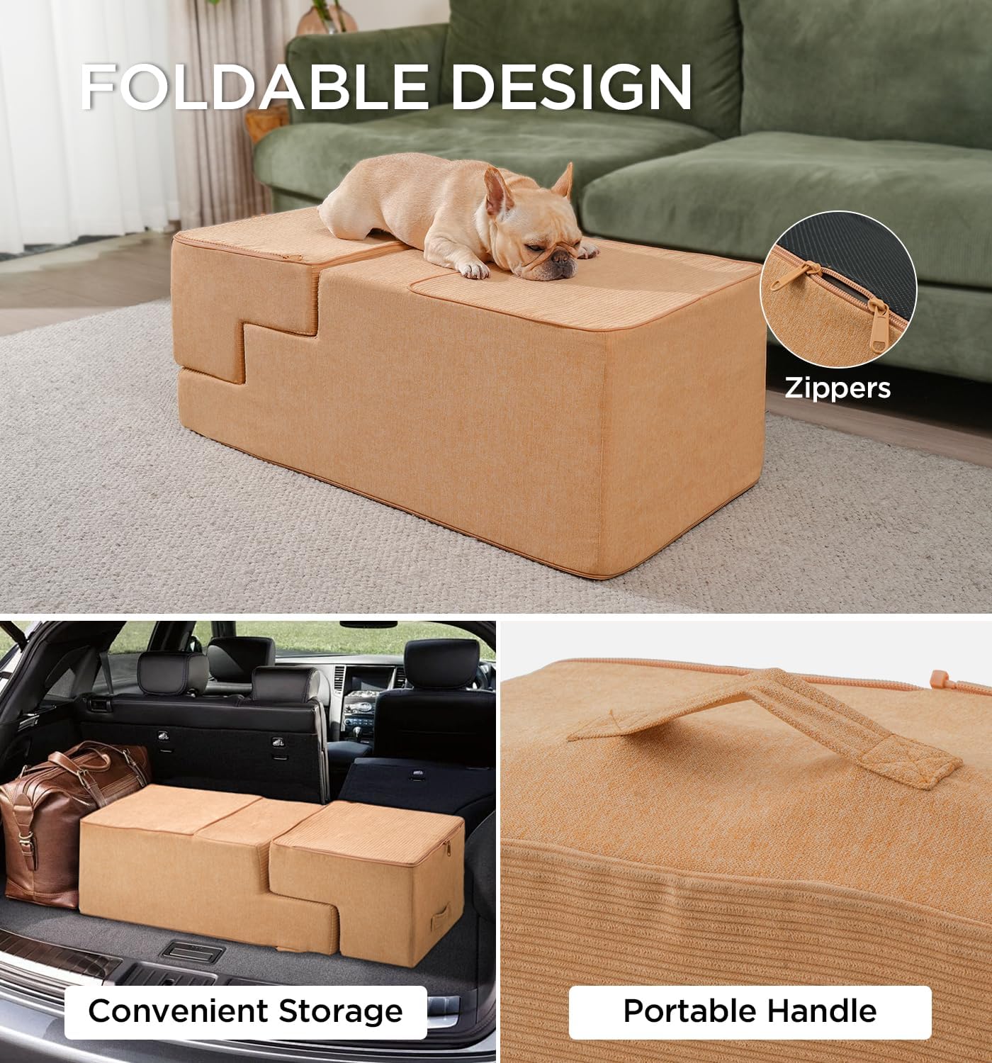 Made4Pets Dog Stairs for Small Dogs, Extra Wide Dog Steps for Bed Couch Sofa and Chair, 35D Foam Pet Steps for Small Dogs and Cats, Non-Slip Bottom Pet Stairs, Tan, 3 Steps - Pet Explorer