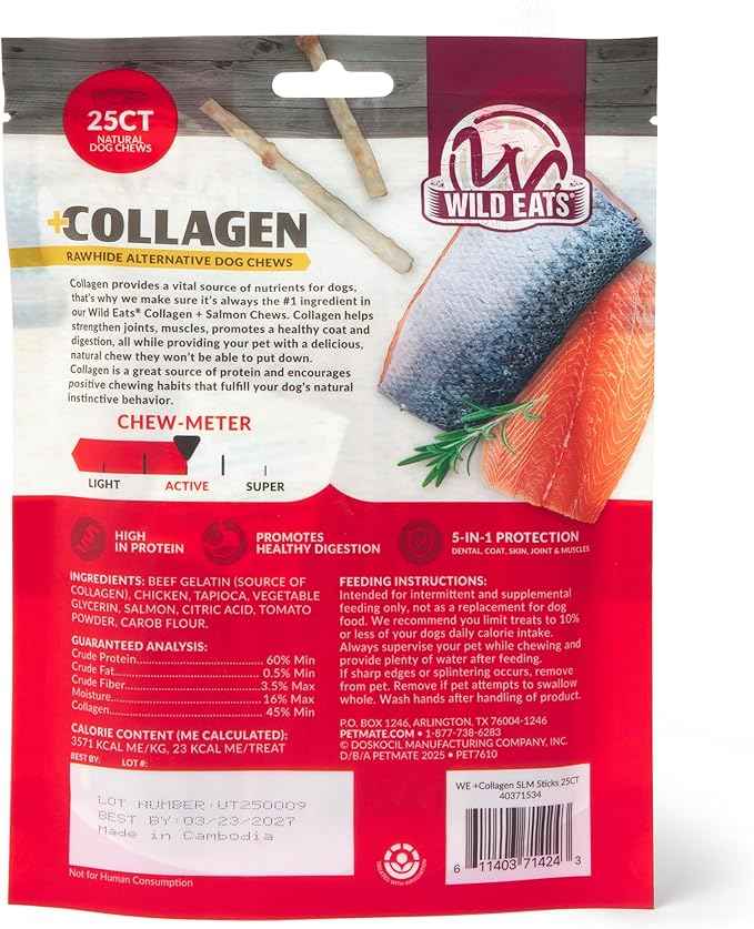 Wild Eats Collagen Real Salmon Sticks for Dogs 25ct - Long Lasting Dog Chews No Hide Dog Treat Bully Stick Alternative, Rawhide Free, Grain Free, High Protein