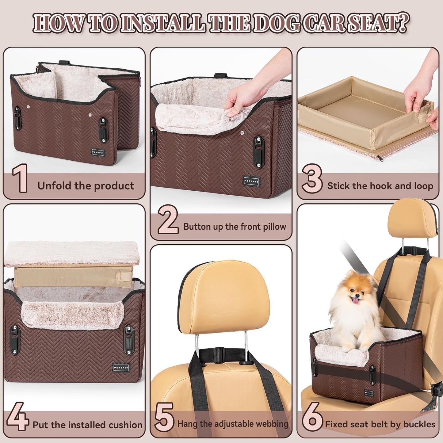 PETSFIT Car Seat for Dogs, Waterproof PU Leather Dog Car Seat for Small Dogs with Patent Safe Buckles, Clip-On Leash, Pet Travel Carrier Bed for Small Pets Up to 25lbs (Brown) - Pet Explorer