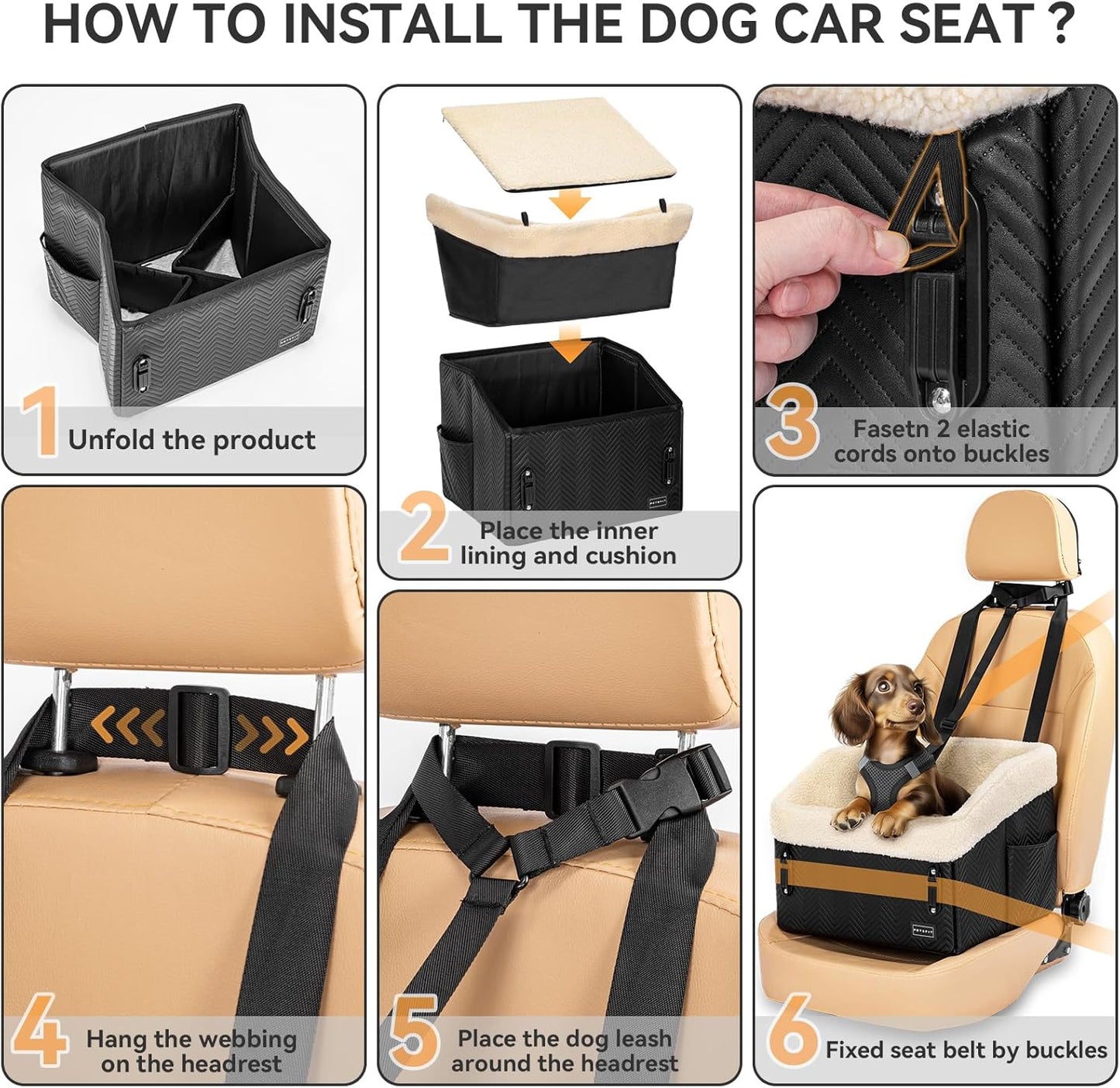 PETSFIT Small Dog Car Seat, Waterproof PU Leather Dog Booster Car Seat with Patented Safe Buckles, Detachable Dogs Seat Belt for Car, Dog Car Seat Medium Sized Dog up to 30 lbs (Black) - Pet Explorer