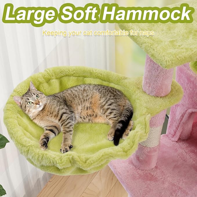 Cat Tree Tower with Metal Frame Hammock, 41'' Cat Trees for Indoor Cats Large Adult, Cat Towers with Scratching Post, Cats Condo furniture with Pink Flower Perch, Cats Climbing Tower for Kittens(Pink)