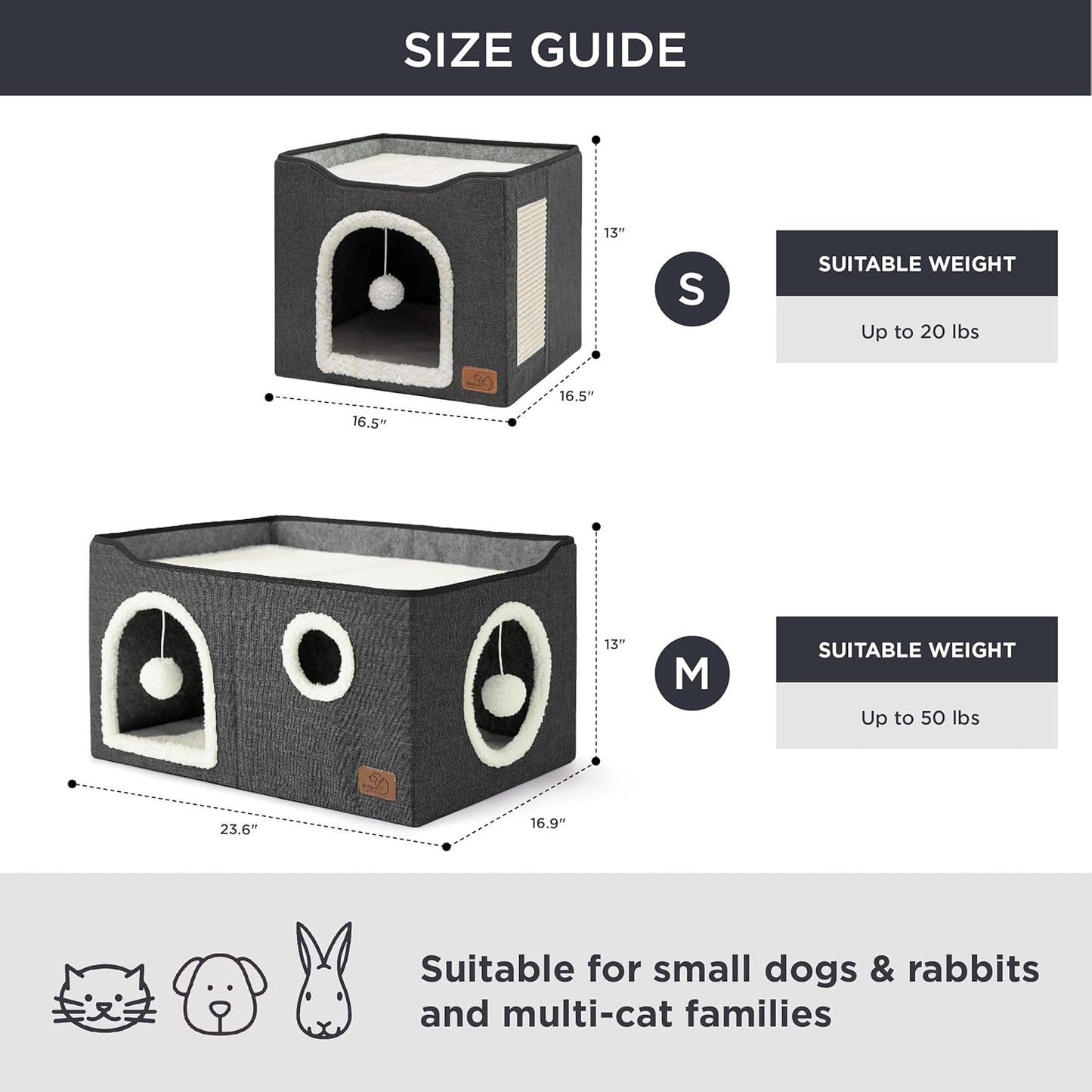 Bedsure Large Cat Beds for Indoor Cats - Extra Wide Cat Cube House for Small Pet with Fluffy Ball Hanging and Scratch Pad, Foldable Pet Cave Hideaway for Multiple Cats, 23.6x16.9x13 inches, Dark Grey - Pet Explorer