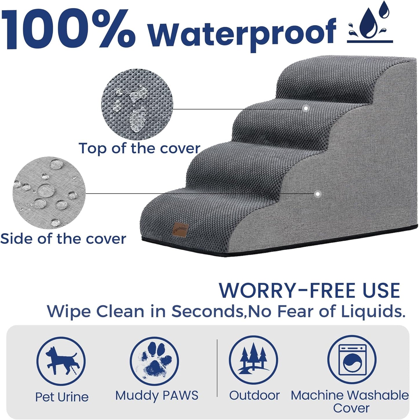 GoGoBunny Waterproof High Density Foam Curved Dog Stairs for High Beds Couches 19.7" H, 4-Step Ramp Dog Steps Friendly to Small Medium Dogs or Pets Joints, Non-Slip Balanced Durable Pet Step, Grey - Pet Explorer
