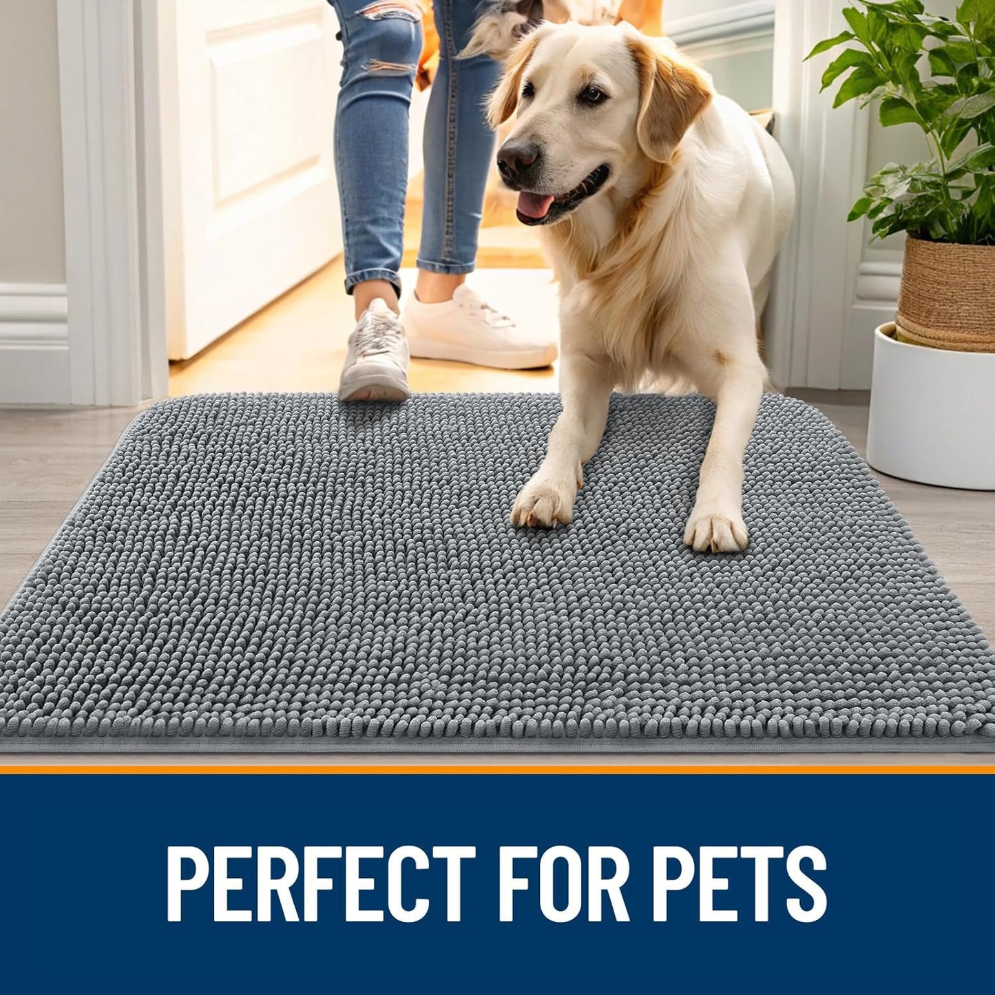 OLANLY Dog Door Mat for Muddy Paws 47x32, Absorbs Moisture and Dirt, Absorbent Non-Slip Washable Doormat, Quick Dry Chenille Mud Mat for Dogs, Entry Indoor Entryway Carpet for Inside Floor, Grey