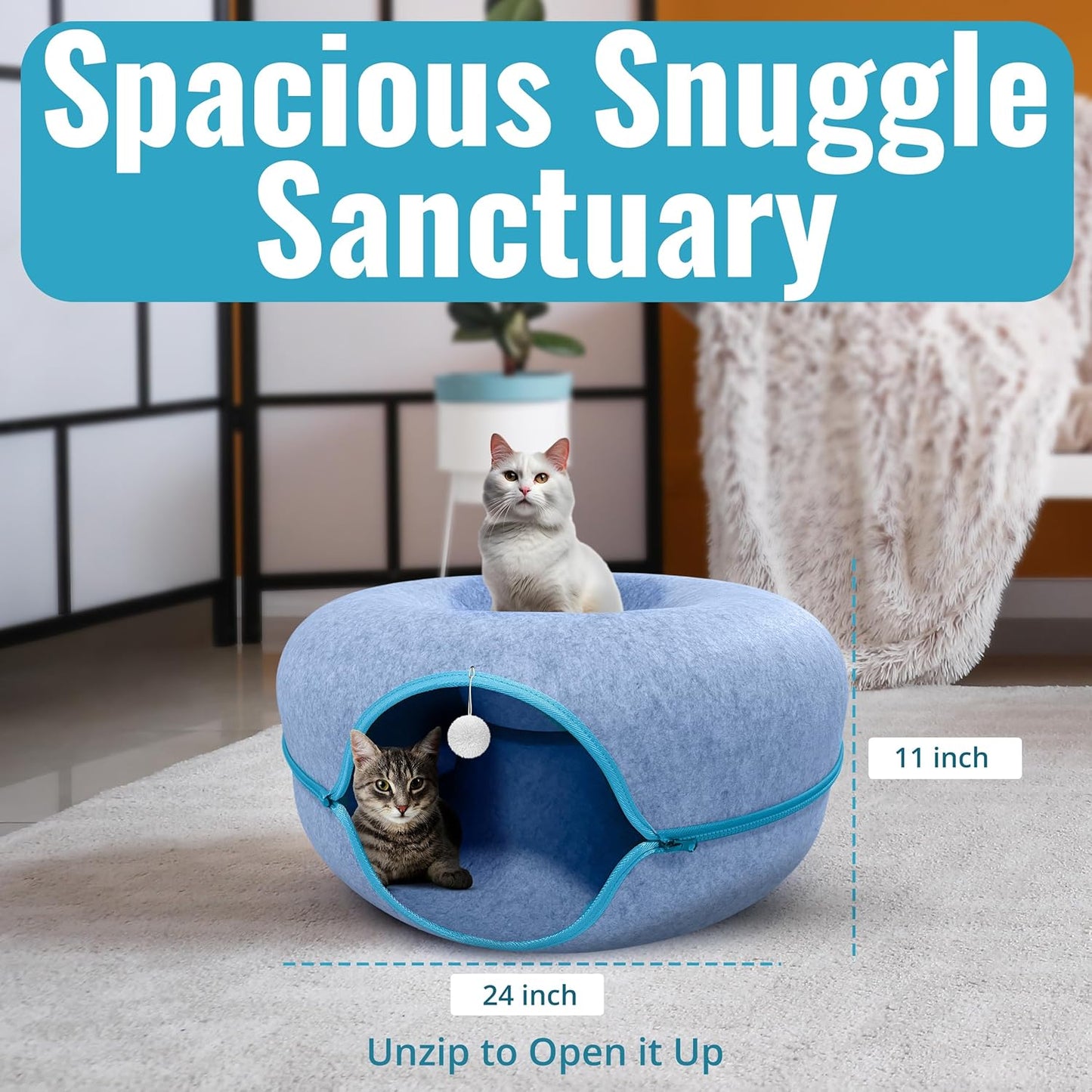 Okoco Cat Tunnel Bed for Indoor Cats Large, 24" Peekaboo Cat Cave Donut Bed for Pets up to 45lbs, 2-in-1 Round Tube with Hanging Ball Toy & Removable Machine Washable Parts (Light Blue) - Pet Explorer
