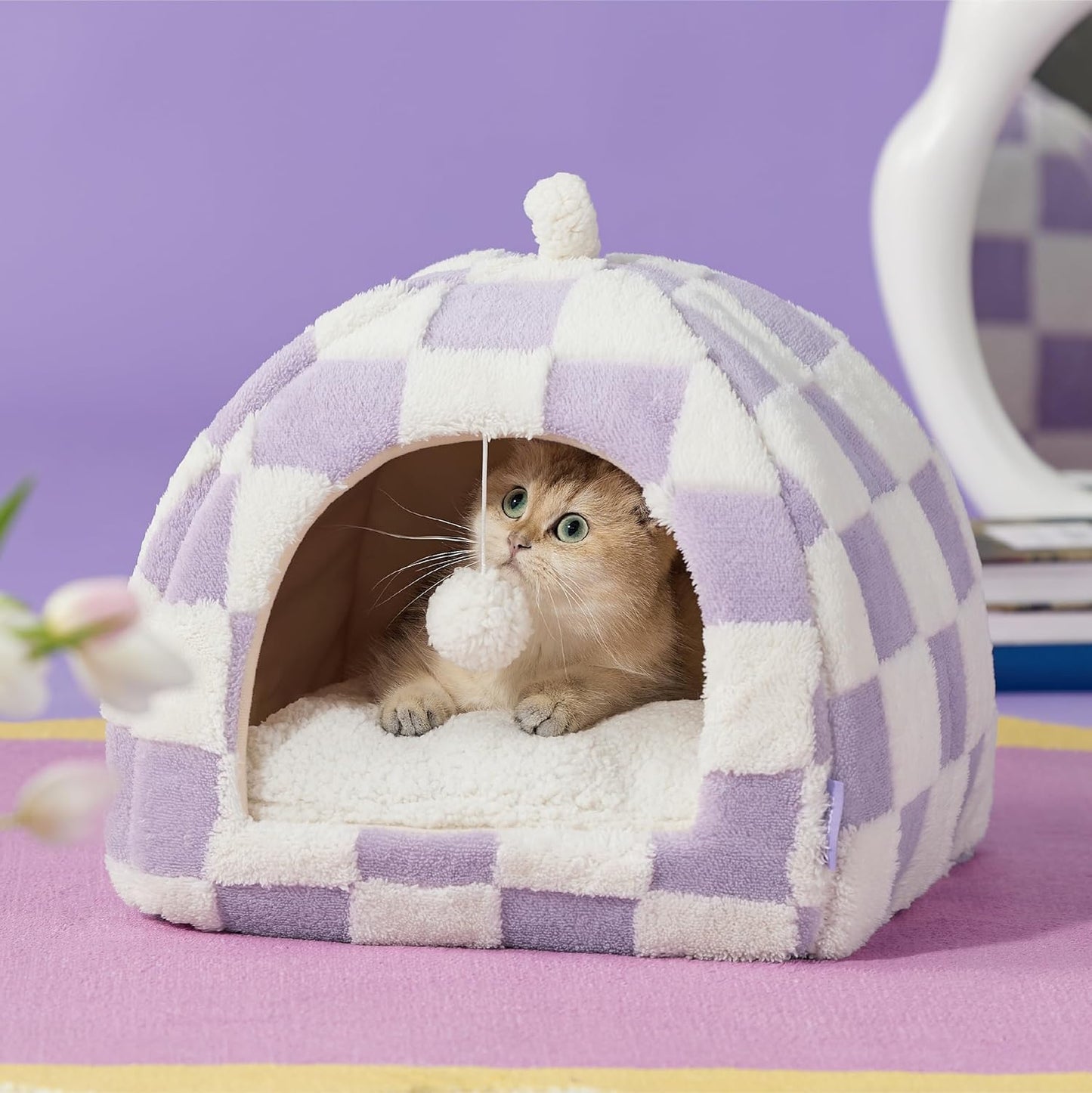 Lesure Cute Cat Beds for Indoor Cats - 2 in 1 Cat Cave Bed for Kittens and Small Pets with Removable Washable Cushioned Pillow, Cozy Kitten with Non-Slip Bottom, Purple, 16 inches - Pet Explorer