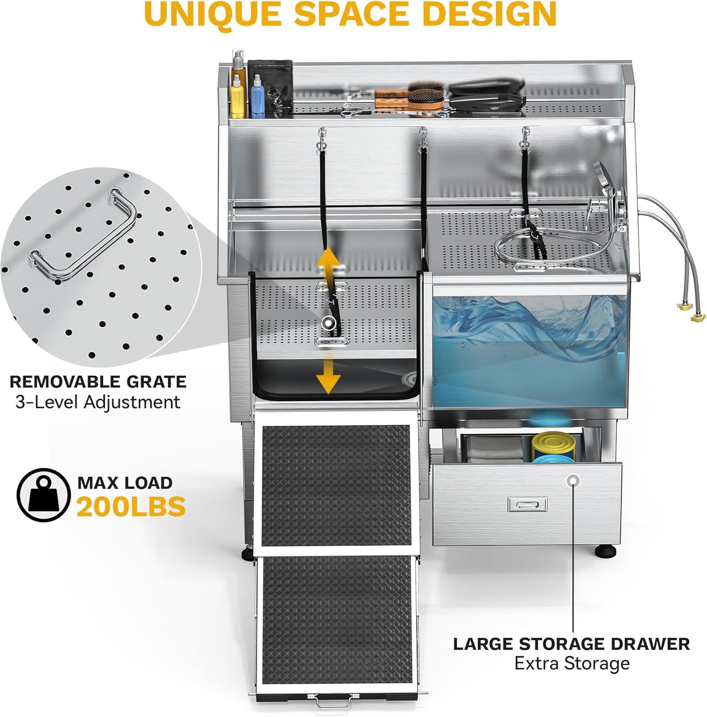 DWVO Professional Dog Bathing Station Stainless Steel 304 Pet Bathtub, 50in Dog Grooming Tub w/Right Door Ramp, 2 Storage Drawers, Grate, Pet Washing Station for Large, Medium, Small Pets - Pet Explorer