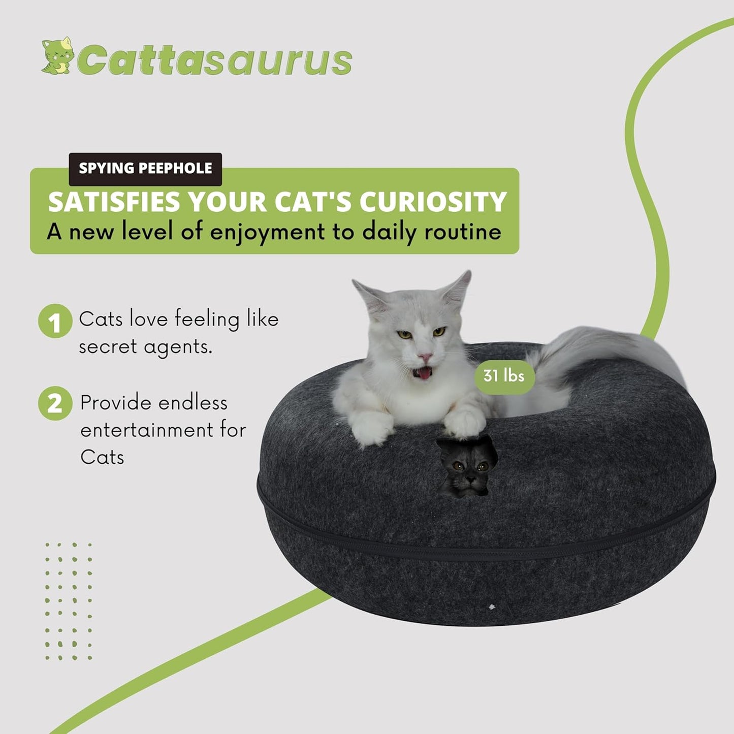 CATTASAURUS Peekaboo Cat Cave for Multiple & Large Cats Up to 30-45 Lbs, Scratch Detachable & Washable Tunnel Bed, Comfy Donut Cat Cave (Dark Gray, Jumbo) - Pet Explorer