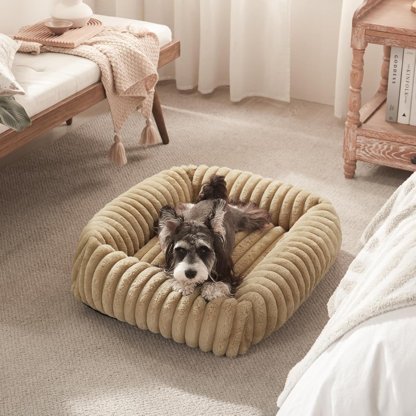 Dog Beds Medium Sized Dog, Washable Orthopedic Pet Bed with Removable Cover, Rectangle Soft Calming Sleeping Puppy Bed Durable Pet Cuddler with Anti-Slip Bottom, 30"x24"x8" Beige - Pet Explorer