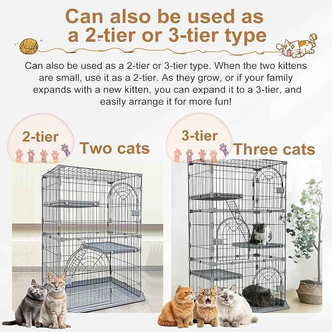 Cat Cage 3-Tier Indoor Cat Enclosure with Widen Bottom Buckle & Reinforced Locking Clamps DlY Cat Playpen for 2-3 Cats & Small Pets,30" Lx 20" W X 52.5" H (Grey, Three-Tier52.5")